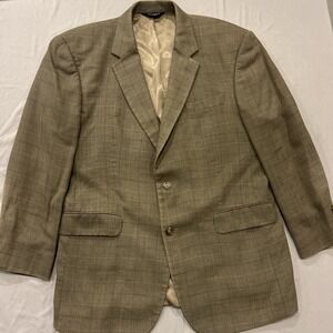 Jos A Bank Mens Brown Windowpane Plaid Silk/Wool Blend Sports Blazer Jacket 46R